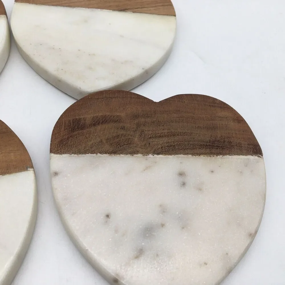 Heart Shape Wood And White Marble Coaster Set Of 4 New Made In India